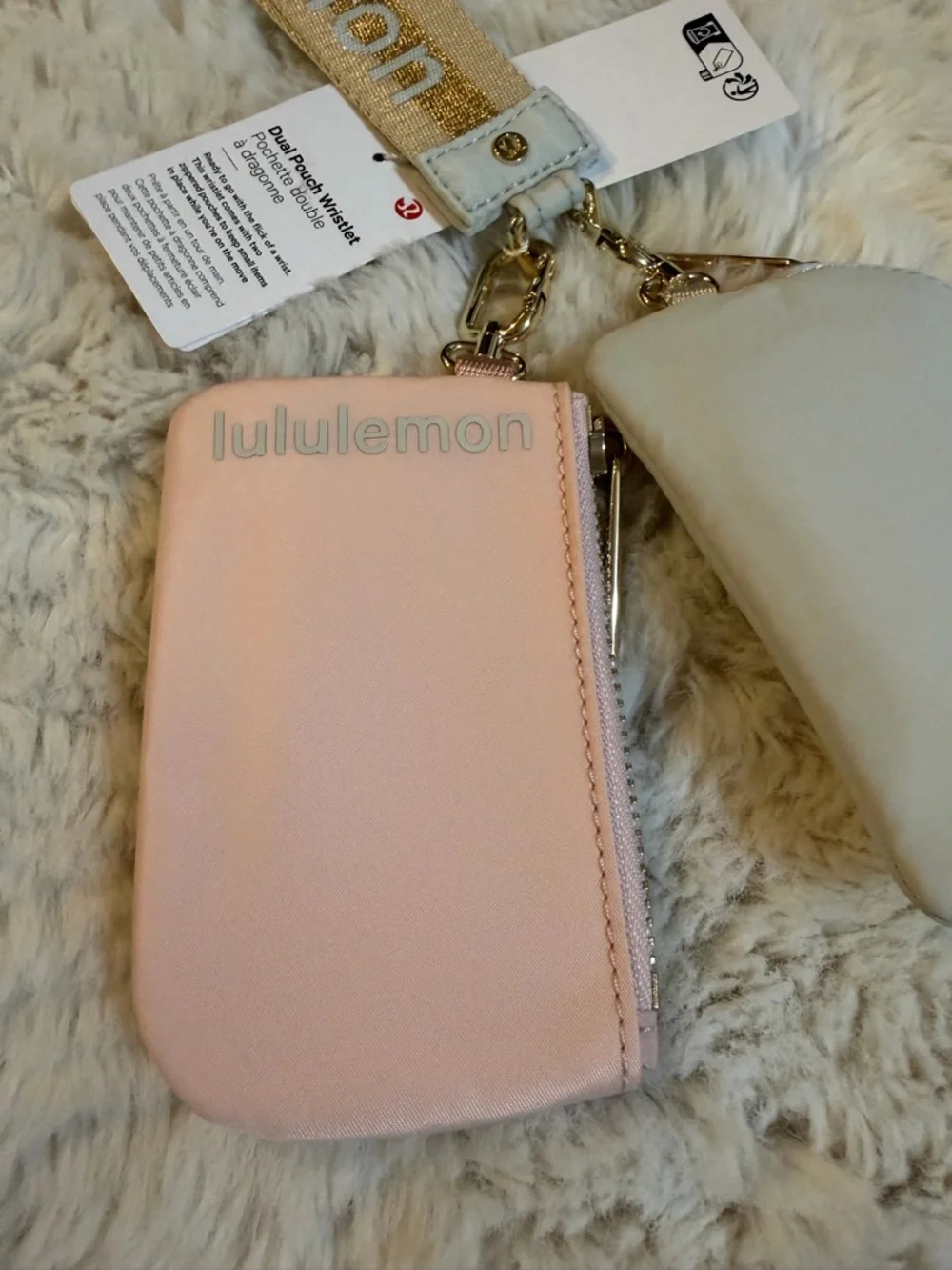 NEW! lululemon dual pouch pink and light gray wristlet with gold-accent strap